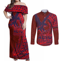 Samoa Pago Pago Aeto Couples Matching Off Shoulder Maxi Dress and Long Sleeve Button Shirt Wingstyle Red-Blue Color - Polynesian Pride