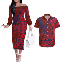 Samoa Pago Pago Aeto Couples Matching Off The Shoulder Long Sleeve Dress and Hawaiian Shirt Wingstyle Red-Blue Color - Polynesian Pride