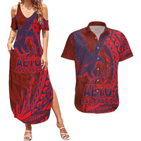 American Samoa Pago Pago Aeto Couples Matching Summer Maxi Dress and Hawaiian Shirt Wingstyle Red-Blue Color LT03 Red - Polynesian Pride