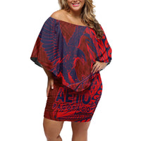 Samoa Pago Pago Aeto Family Matching Off Shoulder Short Dress and Hawaiian Shirt Wingstyle Red-Blue Color - Polynesian Pride