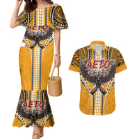 American Samoa Pago Pago Aeto Couples Matching Mermaid Dress and Hawaiian Shirt Bald Eagle with Polynesian Art Tattoos LT03 Yellow - Polynesian Pride