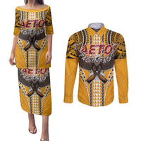 Samoa Pago Pago Aeto Couples Matching Puletasi and Long Sleeve Button Shirt Bald Eagle with Polynesian Art Tattoos - Polynesian Pride