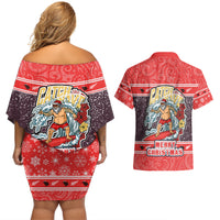 New Zealand Christmas Couples Matching Off Shoulder Short Dress and Hawaiian Shirt Santa Catch The Wave Maori Pattern Retro Style LT03 - Polynesian Pride
