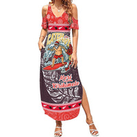New Zealand Christmas Summer Maxi Dress Santa Catch The Wave Maori Pattern Retro Style LT03 Women Red - Polynesian Pride
