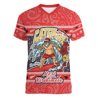 Custom New Zealand Christmas Women V Neck T Shirt Santa Catch The Wave Maori Pattern Retro Style LT03 Female Red - Polynesian Pride