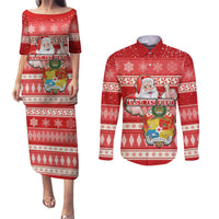 Tonga Christmas Couples Matching Puletasi Dress and Long Sleeve Button Shirts The Santa Coat of Arms with Ngatu and Snow Pattern LT03 Red - Polynesian Pride