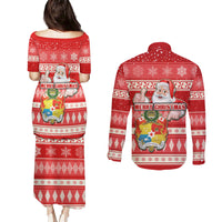 Tonga Christmas Couples Matching Puletasi Dress and Long Sleeve Button Shirts The Santa Coat of Arms with Ngatu and Snow Pattern LT03 - Polynesian Pride