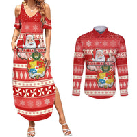 Tonga Christmas Couples Matching Summer Maxi Dress and Long Sleeve Button Shirts The Santa Coat of Arms with Ngatu and Snow Pattern LT03 Red - Polynesian Pride