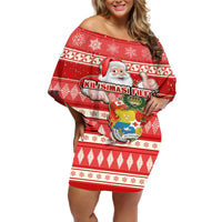 Tonga Christmas Off Shoulder Short Dress The Santa Coat of Arms with Ngatu and Snow Pattern LT03 Women Red - Polynesian Pride