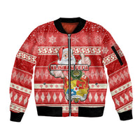 Tonga Christmas Sleeve Zip Bomber Jacket The Santa Coat of Arms with Ngatu and Snow Pattern LT03 Unisex Red - Polynesian Pride