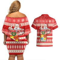 Custom Tonga Christmas Couples Matching Off Shoulder Short Dress and Hawaiian Shirt The Santa Coat of Arms with Ngatu and Snow Pattern LT03 - Polynesian Pride
