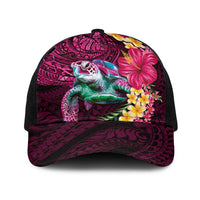 Hawaiian Plumeria and Hibiscus with Turtles Baseball Net Cap Polynesian Art Red Color LT03 One Size Black Red - Polynesian Pride