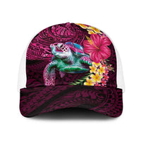 Hawaiian Plumeria and Hibiscus with Turtles Baseball Net Cap Polynesian Art Red Color LT03 One Size White Red - Polynesian Pride