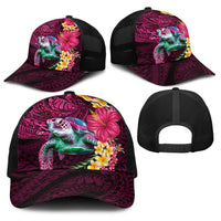 Hawaiian Plumeria and Hibiscus with Turtles Baseball Net Cap Polynesian Art Red Color LT03 - Polynesian Pride