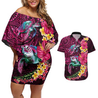 Hawaiian Plumeria and Hibiscus with Turtles Couples Matching Off Shoulder Short Dress and Hawaiian Shirt Polynesian Art Red Color - Polynesian Pride