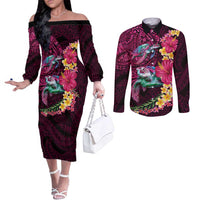 Hawaiian Plumeria and Hibiscus with Turtles Couples Matching Off The Shoulder Long Sleeve Dress and Long Sleeve Button Shirt Polynesian Art Red Color - Polynesian Pride