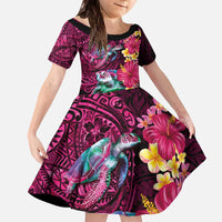 Hawaiian Plumeria and Hibiscus with Turtles Family Matching Off The Shoulder Long Sleeve Dress and Hawaiian Shirt Polynesian Art Red Color - Polynesian Pride