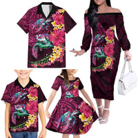Hawaiian Plumeria and Hibiscus with Turtles Family Matching Off The Shoulder Long Sleeve Dress and Hawaiian Shirt Polynesian Art Red Color - Polynesian Pride