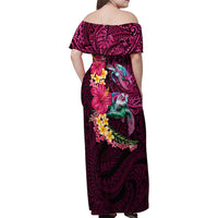 Hawaiian Plumeria and Hibiscus with Turtles Family Matching Off Shoulder Maxi Dress and Hawaiian Shirt Polynesian Art Red Color - Polynesian Pride
