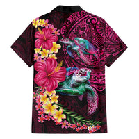Hawaiian Plumeria and Hibiscus with Turtles Family Matching Off Shoulder Short Dress and Hawaiian Shirt Polynesian Art Red Color - Polynesian Pride
