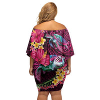 Hawaiian Plumeria and Hibiscus with Turtles Family Matching Off Shoulder Short Dress and Hawaiian Shirt Polynesian Art Red Color - Polynesian Pride