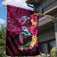 Hawaiian Plumeria and Hibiscus with Turtles Garden Flag Polynesian Art Red Color - Polynesian Pride