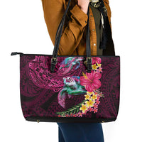 Hawaiian Plumeria and Hibiscus with Turtles Leather Tote Bag Polynesian Art Red Color LT03 - Polynesian Pride