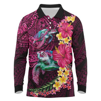 Hawaiian Plumeria and Hibiscus with Turtles Long Sleeve Polo Shirt Polynesian Art Red Color - Polynesian Pride