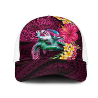 Hawaiian Plumeria and Hibiscus with Turtles Mesh Trucker Cap Polynesian Art Red Color LT03 One Size White Red - Polynesian Pride