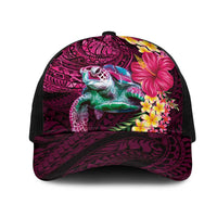 Hawaiian Plumeria and Hibiscus with Turtles Mesh Trucker Cap Polynesian Art Red Color LT03 One Size Black Red - Polynesian Pride