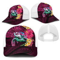 Hawaiian Plumeria and Hibiscus with Turtles Mesh Trucker Cap Polynesian Art Red Color LT03 - Polynesian Pride