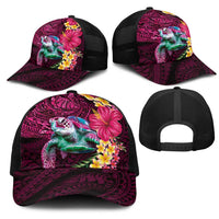 Hawaiian Plumeria and Hibiscus with Turtles Mesh Trucker Cap Polynesian Art Red Color LT03 - Polynesian Pride