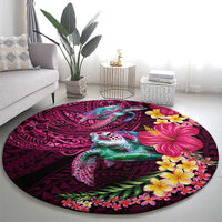 Hawaiian Plumeria and Hibiscus with Turtles Round Carpet Polynesian Art Red Color - Polynesian Pride