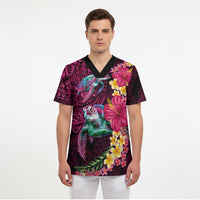 Hawaiian Plumeria and Hibiscus with Turtles Scrub Top Polynesian Art Red Color - Polynesian Pride