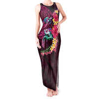 Hawaiian Plumeria and Hibiscus with Turtles Tank Maxi Dress Polynesian Art Red Color - Polynesian Pride