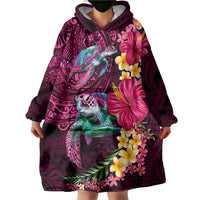 Hawaiian Plumeria and Hibiscus with Turtles Wearable Blanket Hoodie Polynesian Art Red Color - Polynesian Pride