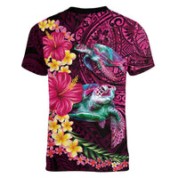 Hawaiian Plumeria and Hibiscus with Turtles Women V-Neck T-Shirt Polynesian Art Red Color - Polynesian Pride