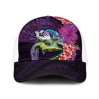 Hawaiian Plumeria and Hibiscus with Turtles Baseball Net Cap Polynesian Art Purple Color LT03 One Size White Purple - Polynesian Pride