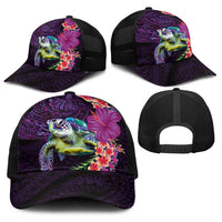 Hawaiian Plumeria and Hibiscus with Turtles Baseball Net Cap Polynesian Art Purple Color LT03 - Polynesian Pride