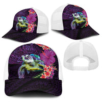 Hawaiian Plumeria and Hibiscus with Turtles Baseball Net Cap Polynesian Art Purple Color LT03 - Polynesian Pride