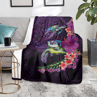 Hawaiian Plumeria and Hibiscus with Turtles Blanket Polynesian Art Purple Color - Polynesian Pride
