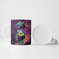 Hawaiian Plumeria and Hibiscus with Turtles Ceramic Mug Polynesian Art Purple Color - Polynesian Pride