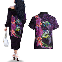 Hawaiian Plumeria and Hibiscus with Turtles Couples Matching Off The Shoulder Long Sleeve Dress and Hawaiian Shirt Polynesian Art Purple Color - Polynesian Pride