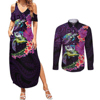 Hawaiian Plumeria and Hibiscus with Turtles Couples Matching Summer Maxi Dress and Long Sleeve Button Shirt Polynesian Art Purple Color - Polynesian Pride