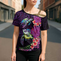 Hawaiian Plumeria and Hibiscus with Turtles Cross Shoulder Shirt Polynesian Art Purple Color - Polynesian Pride
