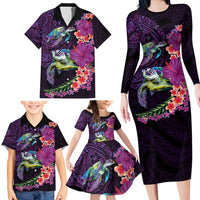 Hawaiian Plumeria and Hibiscus with Turtles Family Matching Long Sleeve Bodycon Dress and Hawaiian Shirt Polynesian Art Purple Color - Polynesian Pride