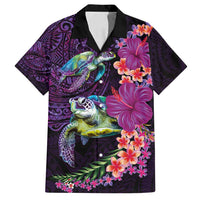 Hawaiian Plumeria and Hibiscus with Turtles Family Matching Long Sleeve Bodycon Dress and Hawaiian Shirt Polynesian Art Purple Color - Polynesian Pride