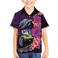 Hawaiian Plumeria and Hibiscus with Turtles Family Matching Off Shoulder Maxi Dress and Hawaiian Shirt Polynesian Art Purple Color - Polynesian Pride