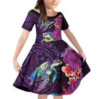Hawaiian Plumeria and Hibiscus with Turtles Family Matching Off Shoulder Short Dress and Hawaiian Shirt Polynesian Art Purple Color - Polynesian Pride