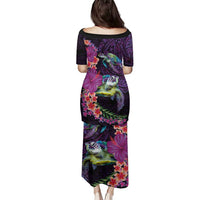 Hawaiian Plumeria and Hibiscus with Turtles Family Matching Puletasi and Hawaiian Shirt Polynesian Art Purple Color - Polynesian Pride